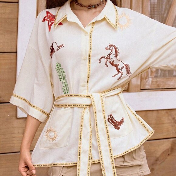 White Casual Women's Western Embroidered detailed belted button down top - Picture 6 of 8